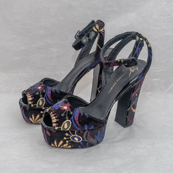 Giuseppe Zanotti Black and Blue Velvet Floral Platform Heels - Picture 2 of 9
